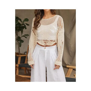 Milio-Milano Drop Stitch Knit Crop Sweater One Size Distressed Open Knit Boho